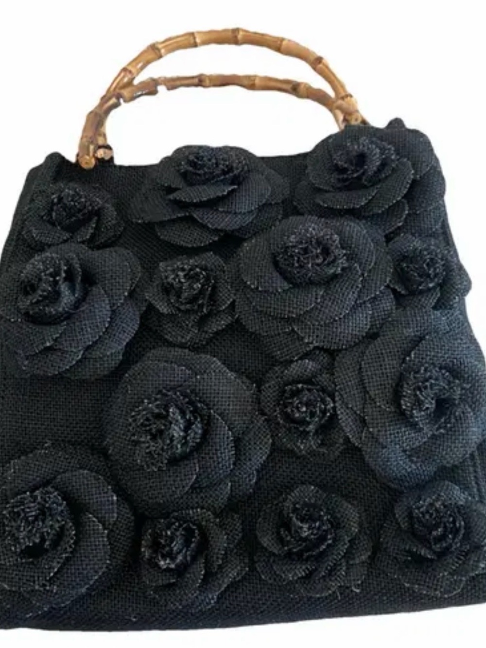 New Mia Bag Black roses embossed with bamboo handles